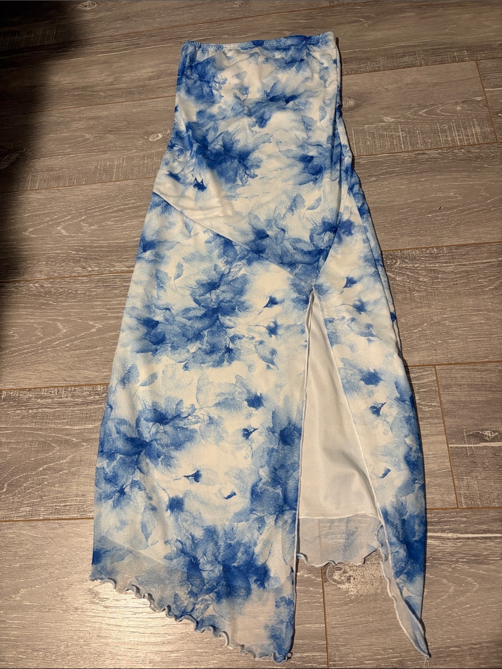 Blue & White Floral Tie-Dye Front Slit Midi Dress
